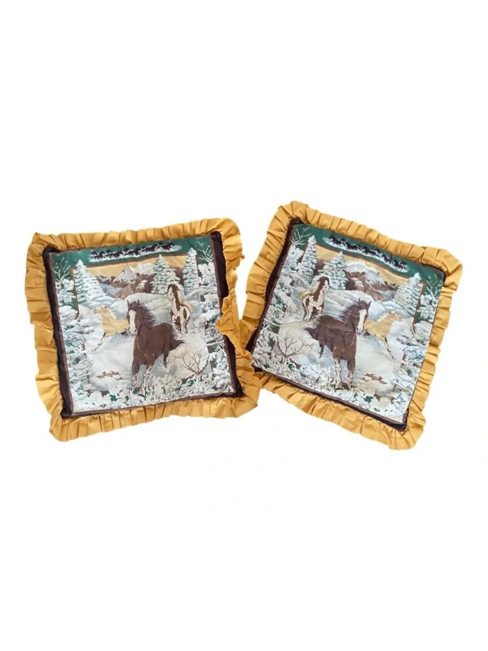 Vintage Equestrian Horse Pillow Covers Ruffle 80s/90s Winter Scene Set Of 2